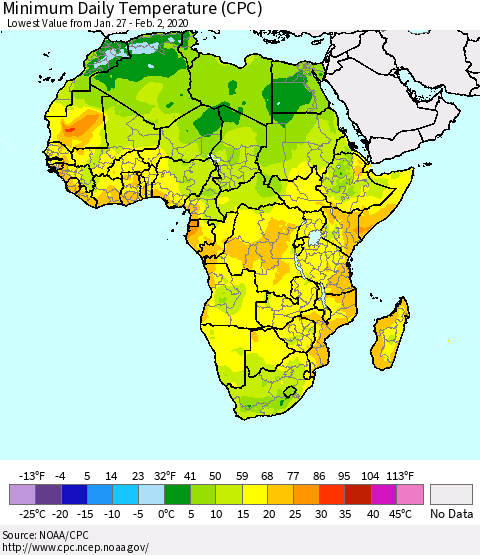 Africa Minimum Daily Temperature (CPC) Thematic Map For 1/27/2020 - 2/2/2020