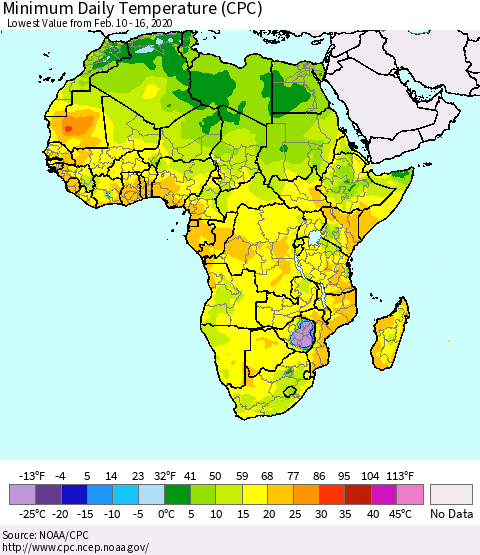 Africa Minimum Daily Temperature (CPC) Thematic Map For 2/10/2020 - 2/16/2020