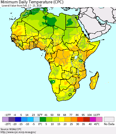 Africa Minimum Daily Temperature (CPC) Thematic Map For 2/17/2020 - 2/23/2020