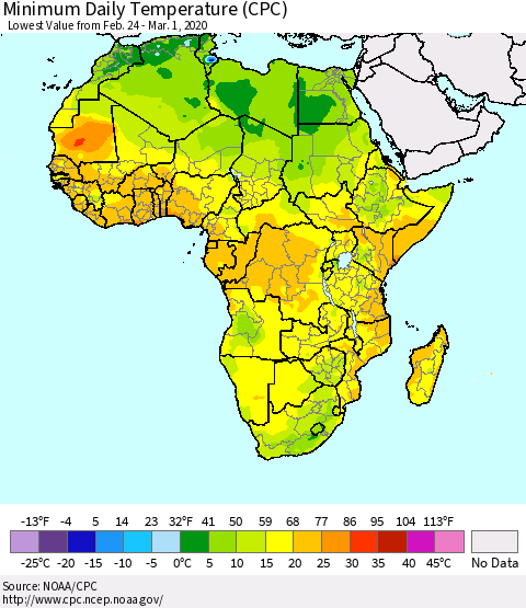 Africa Minimum Daily Temperature (CPC) Thematic Map For 2/24/2020 - 3/1/2020