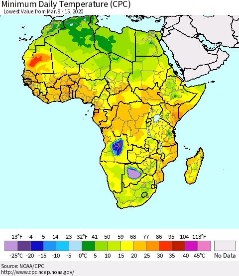 Africa Minimum Daily Temperature (CPC) Thematic Map For 3/9/2020 - 3/15/2020