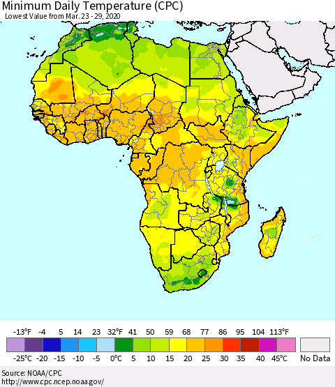 Africa Minimum Daily Temperature (CPC) Thematic Map For 3/23/2020 - 3/29/2020