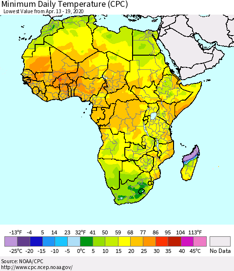 Africa Minimum Daily Temperature (CPC) Thematic Map For 4/13/2020 - 4/19/2020