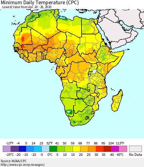 Africa Minimum Daily Temperature (CPC) Thematic Map For 4/20/2020 - 4/26/2020