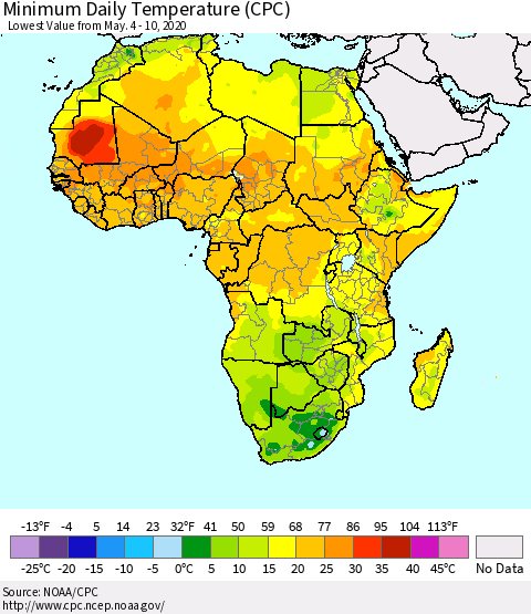 Africa Minimum Daily Temperature (CPC) Thematic Map For 5/4/2020 - 5/10/2020