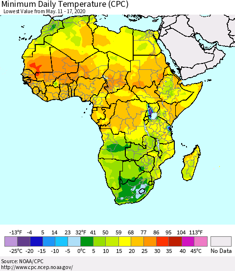 Africa Minimum Daily Temperature (CPC) Thematic Map For 5/11/2020 - 5/17/2020