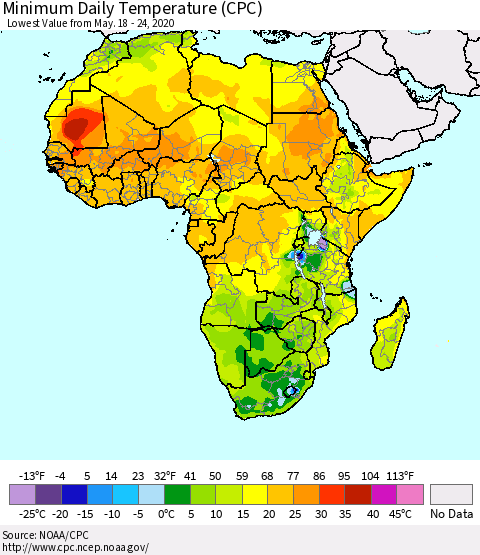 Africa Minimum Daily Temperature (CPC) Thematic Map For 5/18/2020 - 5/24/2020