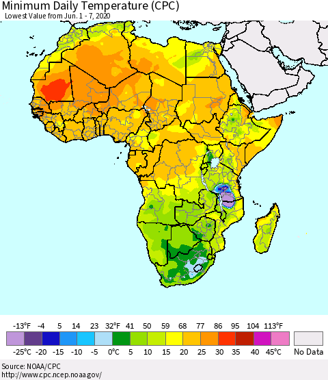 Africa Minimum Daily Temperature (CPC) Thematic Map For 6/1/2020 - 6/7/2020