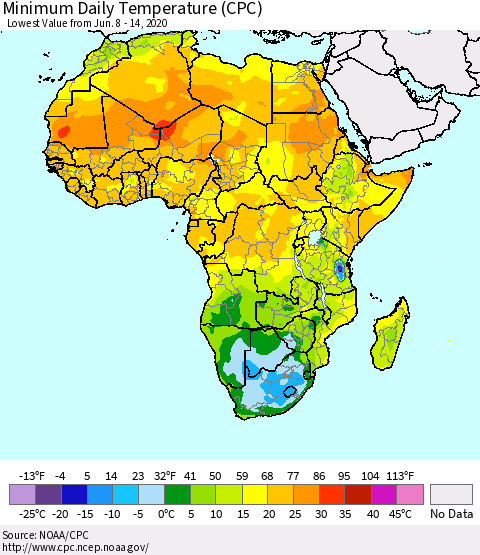Africa Minimum Daily Temperature (CPC) Thematic Map For 6/8/2020 - 6/14/2020