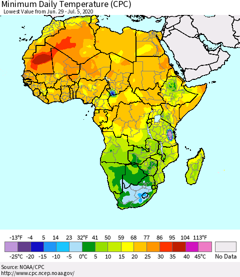 Africa Minimum Daily Temperature (CPC) Thematic Map For 6/29/2020 - 7/5/2020