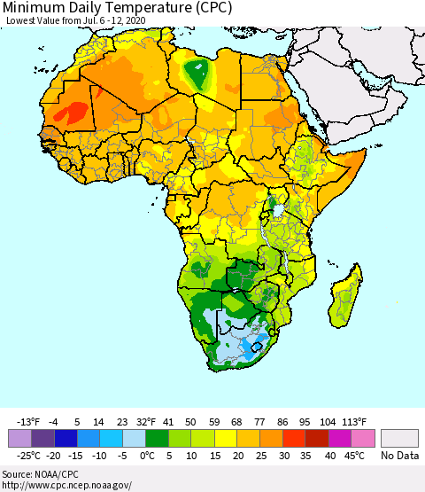 Africa Minimum Daily Temperature (CPC) Thematic Map For 7/6/2020 - 7/12/2020