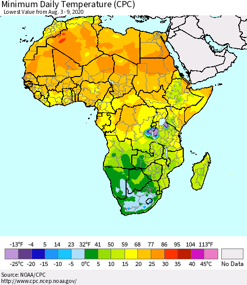 Africa Minimum Daily Temperature (CPC) Thematic Map For 8/3/2020 - 8/9/2020