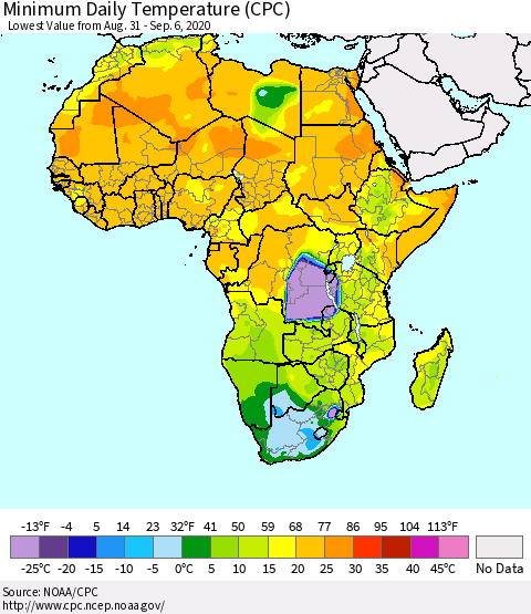 Africa Minimum Daily Temperature (CPC) Thematic Map For 8/31/2020 - 9/6/2020