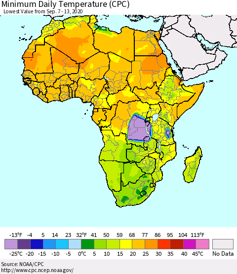 Africa Minimum Daily Temperature (CPC) Thematic Map For 9/7/2020 - 9/13/2020