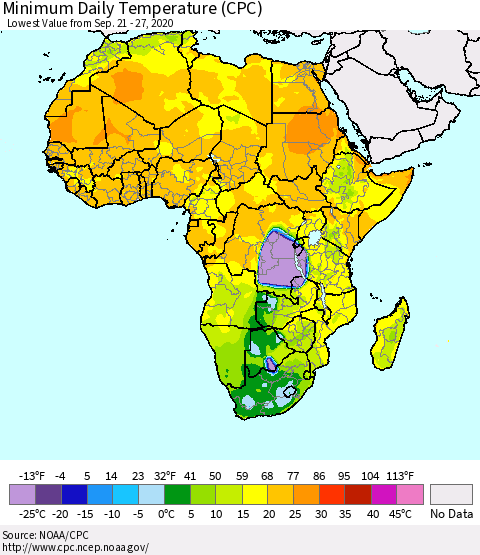Africa Minimum Daily Temperature (CPC) Thematic Map For 9/21/2020 - 9/27/2020