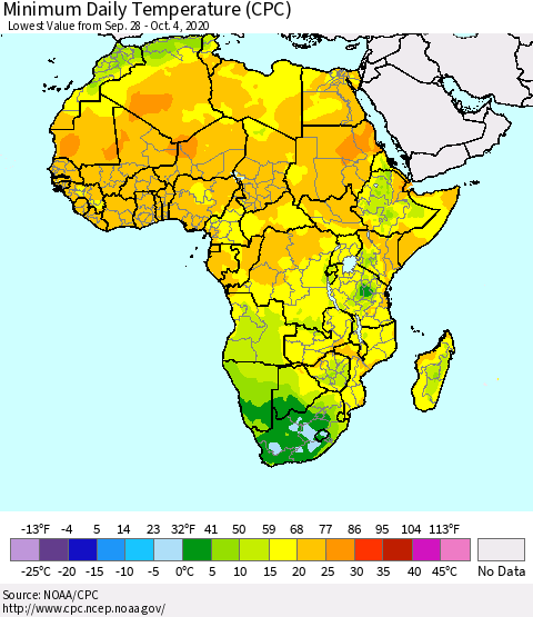 Africa Minimum Daily Temperature (CPC) Thematic Map For 9/28/2020 - 10/4/2020