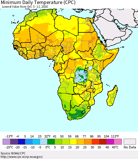 Africa Minimum Daily Temperature (CPC) Thematic Map For 10/5/2020 - 10/11/2020