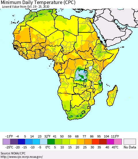 Africa Minimum Daily Temperature (CPC) Thematic Map For 10/19/2020 - 10/25/2020