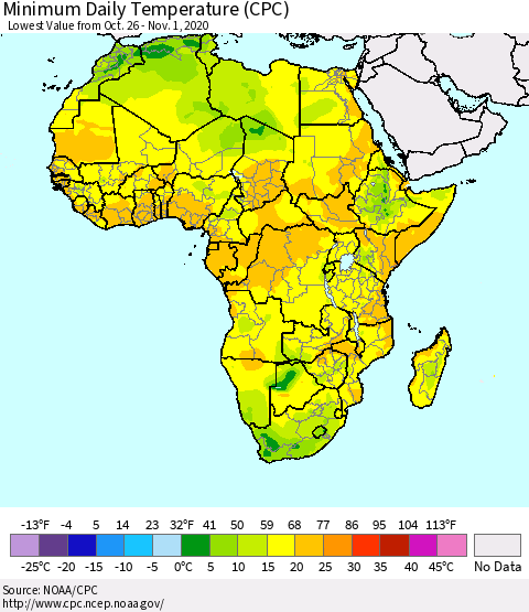 Africa Minimum Daily Temperature (CPC) Thematic Map For 10/26/2020 - 11/1/2020
