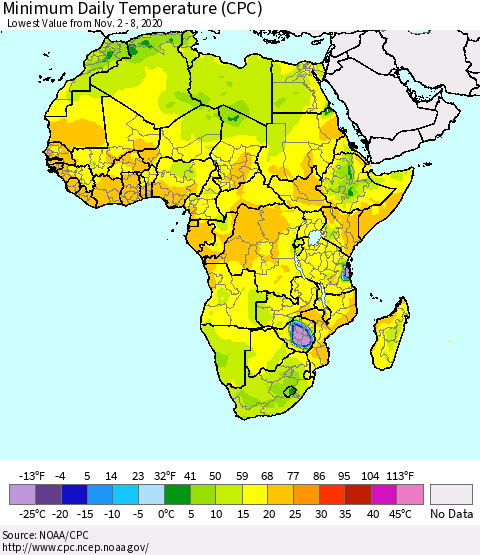Africa Minimum Daily Temperature (CPC) Thematic Map For 11/2/2020 - 11/8/2020