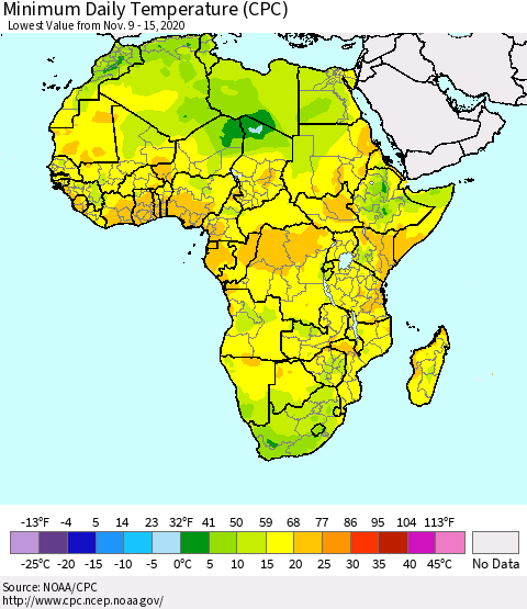 Africa Minimum Daily Temperature (CPC) Thematic Map For 11/9/2020 - 11/15/2020