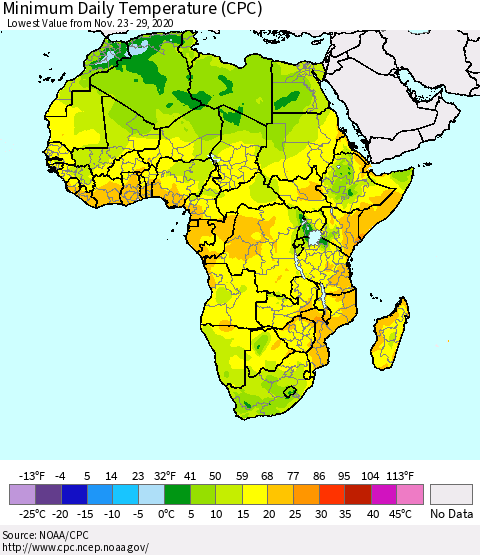 Africa Minimum Daily Temperature (CPC) Thematic Map For 11/23/2020 - 11/29/2020
