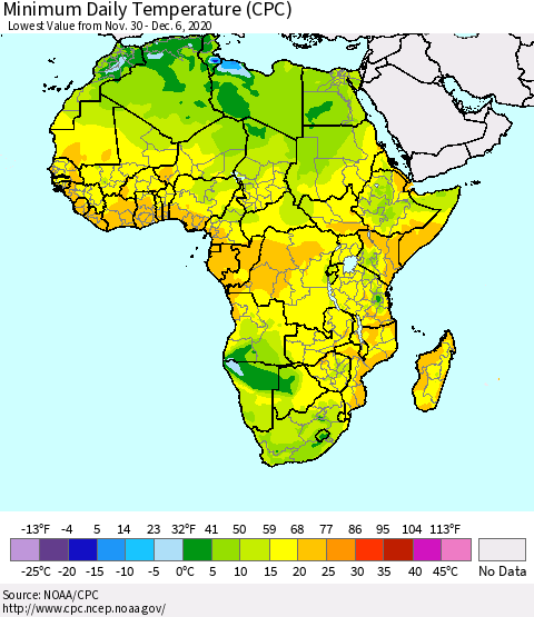 Africa Minimum Daily Temperature (CPC) Thematic Map For 11/30/2020 - 12/6/2020