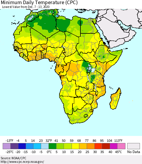 Africa Minimum Daily Temperature (CPC) Thematic Map For 12/7/2020 - 12/13/2020
