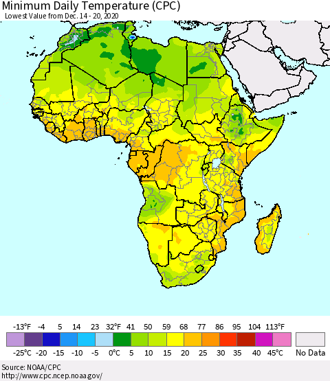 Africa Minimum Daily Temperature (CPC) Thematic Map For 12/14/2020 - 12/20/2020