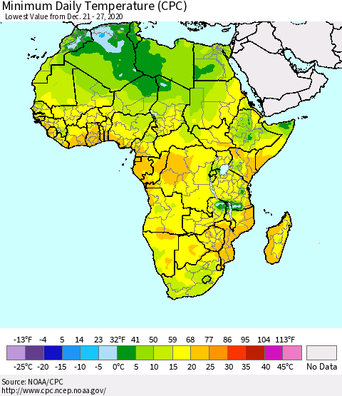 Africa Minimum Daily Temperature (CPC) Thematic Map For 12/21/2020 - 12/27/2020