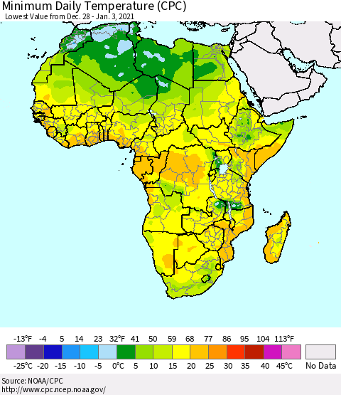 Africa Minimum Daily Temperature (CPC) Thematic Map For 12/28/2020 - 1/3/2021