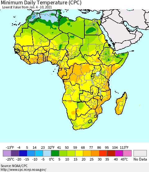Africa Minimum Daily Temperature (CPC) Thematic Map For 1/4/2021 - 1/10/2021