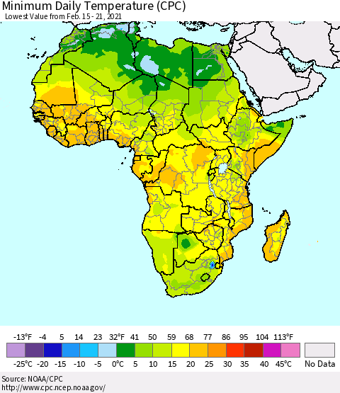 Africa Minimum Daily Temperature (CPC) Thematic Map For 2/15/2021 - 2/21/2021