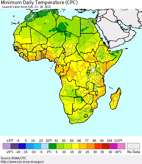 Africa Minimum Daily Temperature (CPC) Thematic Map For 2/22/2021 - 2/28/2021