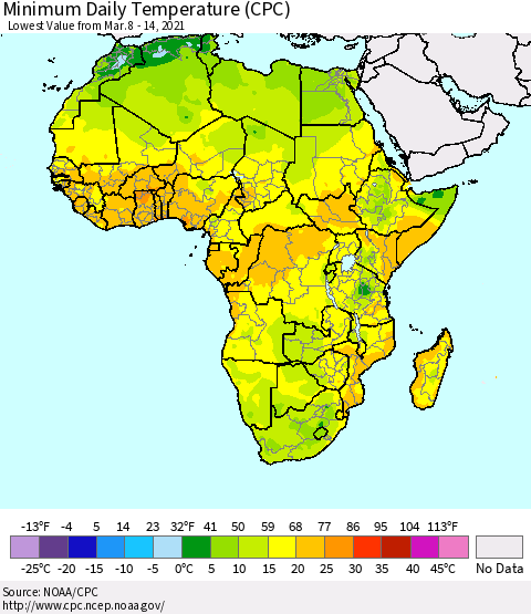 Africa Minimum Daily Temperature (CPC) Thematic Map For 3/8/2021 - 3/14/2021