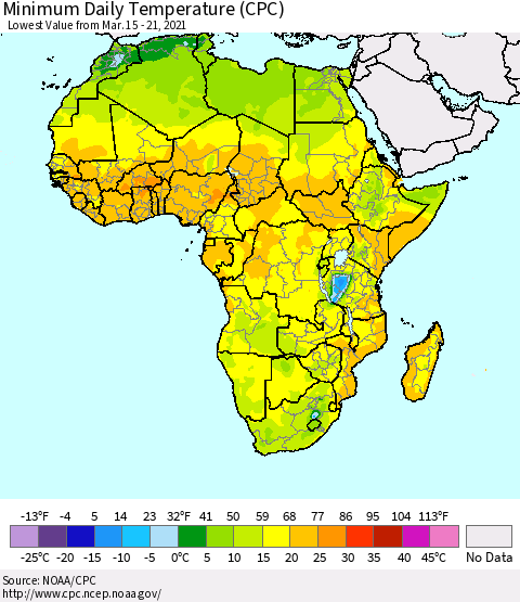 Africa Minimum Daily Temperature (CPC) Thematic Map For 3/15/2021 - 3/21/2021