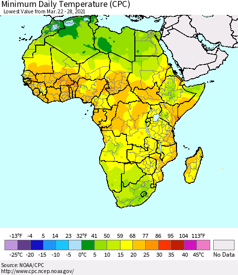 Africa Minimum Daily Temperature (CPC) Thematic Map For 3/22/2021 - 3/28/2021