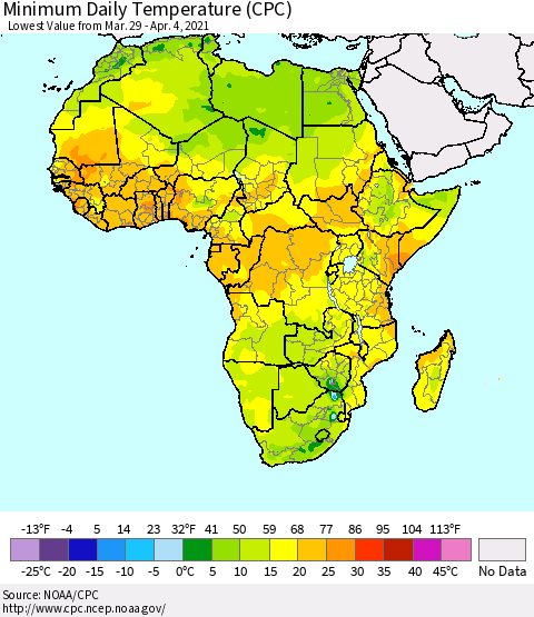 Africa Minimum Daily Temperature (CPC) Thematic Map For 3/29/2021 - 4/4/2021