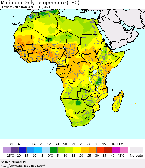 Africa Minimum Daily Temperature (CPC) Thematic Map For 4/5/2021 - 4/11/2021