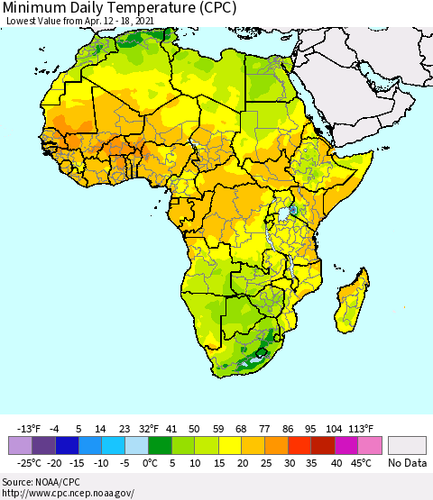 Africa Minimum Daily Temperature (CPC) Thematic Map For 4/12/2021 - 4/18/2021