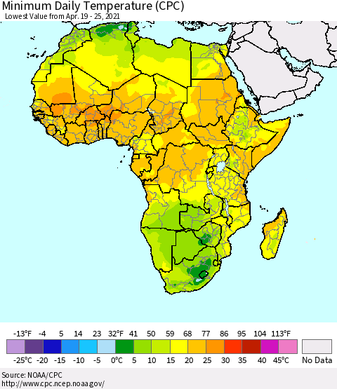 Africa Minimum Daily Temperature (CPC) Thematic Map For 4/19/2021 - 4/25/2021