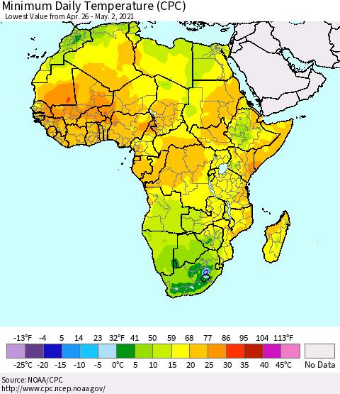 Africa Minimum Daily Temperature (CPC) Thematic Map For 4/26/2021 - 5/2/2021