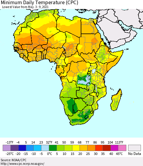 Africa Minimum Daily Temperature (CPC) Thematic Map For 5/3/2021 - 5/9/2021