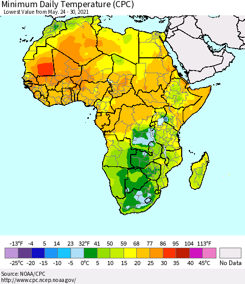 Africa Minimum Daily Temperature (CPC) Thematic Map For 5/24/2021 - 5/30/2021
