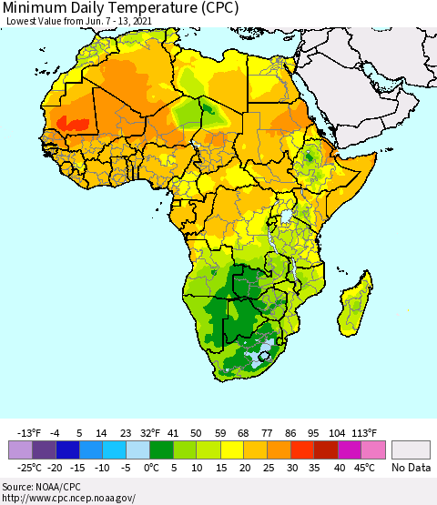 Africa Minimum Daily Temperature (CPC) Thematic Map For 6/7/2021 - 6/13/2021