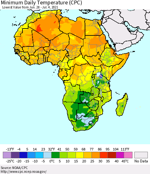 Africa Minimum Daily Temperature (CPC) Thematic Map For 6/28/2021 - 7/4/2021