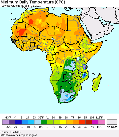 Africa Minimum Daily Temperature (CPC) Thematic Map For 7/5/2021 - 7/11/2021