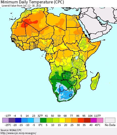Africa Minimum Daily Temperature (CPC) Thematic Map For 7/12/2021 - 7/18/2021