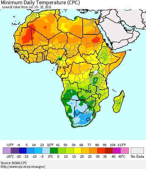 Africa Minimum Daily Temperature (CPC) Thematic Map For 7/19/2021 - 7/25/2021