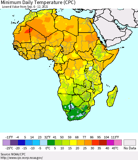 Africa Minimum Daily Temperature (CPC) Thematic Map For 9/6/2021 - 9/12/2021